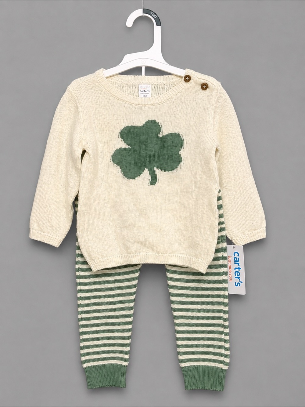 Carter's Cream & Green Shamrock Knit Top and Striped Pants Set